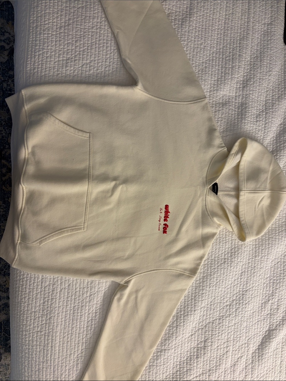 White Fox Boutique Cream Hoodie with Red Script Logo
